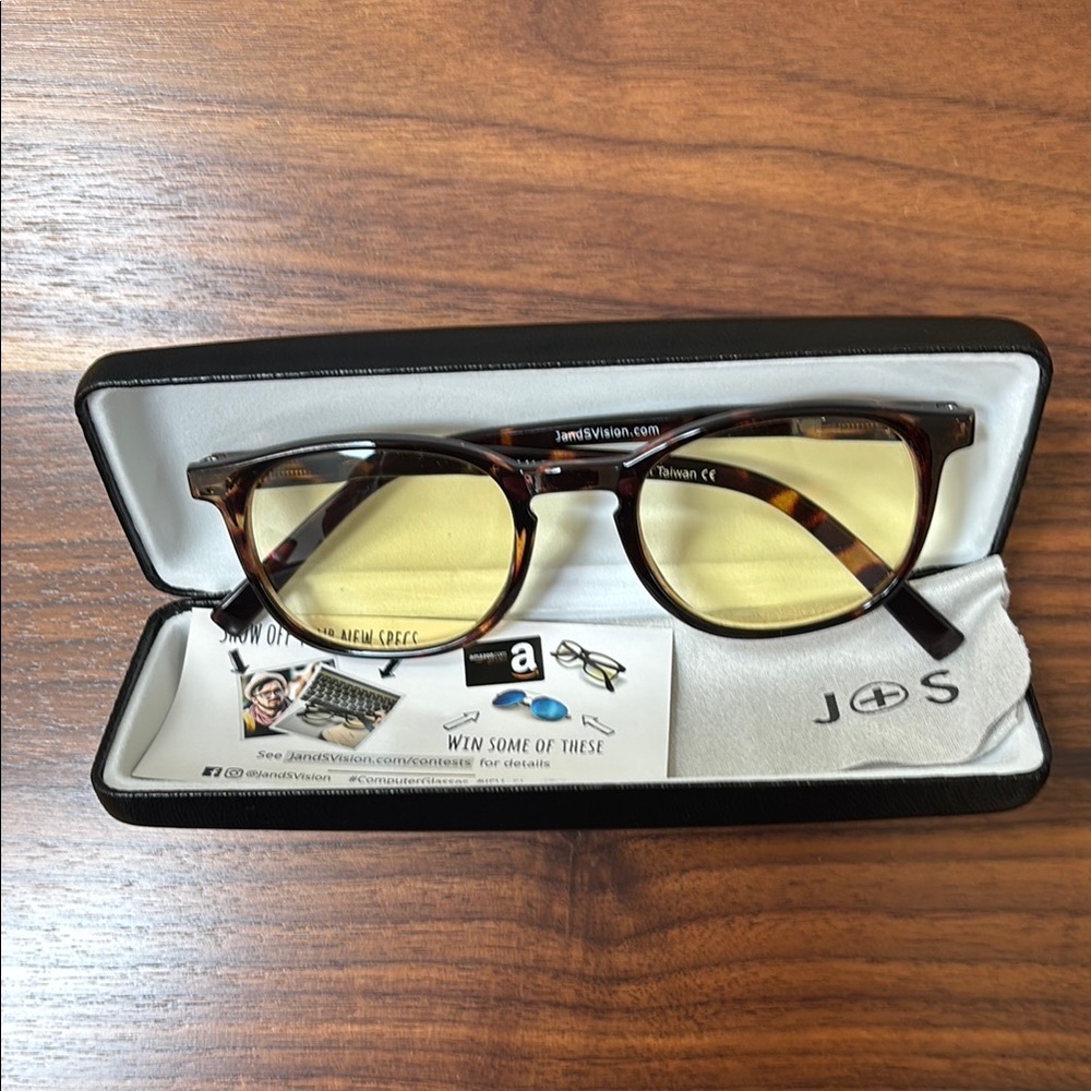 J + S Tortoise Shell Computer Glasses with Glare-reducing Yellow Tint Lenses.
